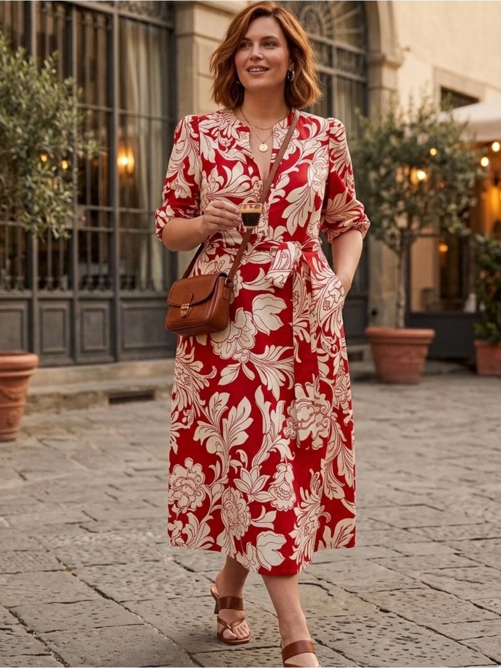 Boden Ava Linen Blend Midi Shirt Dress Red Floral Botanical Salsa Women's 14 New